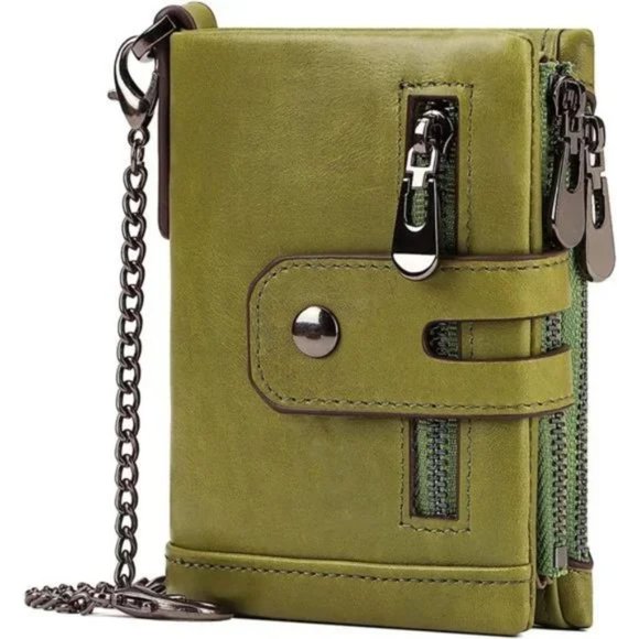New Chain Wallet Genuine Leather Green - Picture 1 of 7